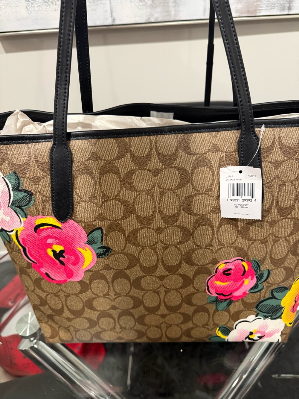 Coach Brown Signature Canvas Tote with Pink Floral Accents - Picture 3 of 9